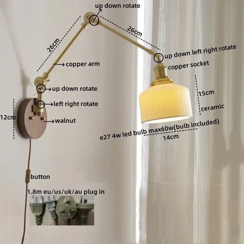 Adjustable brass wall light with ribbed ceramic shade and walnut accents for modern decorbites led wall light bedroom use