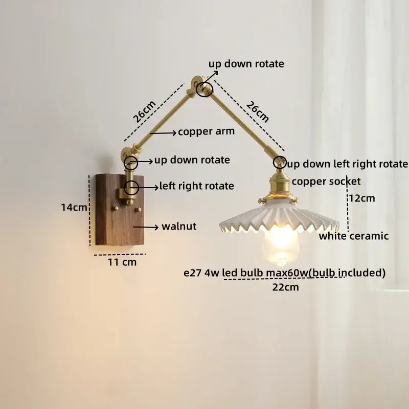 Adjustable copper-arm led wall light with walnut base and white ceramic shade for modern bedroom decorbites led wall design