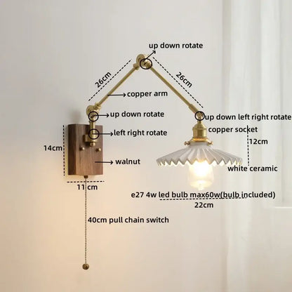 Adjustable copper-arm wall light with walnut base and white ceramic shade for decorbites led wall bedroom lighting