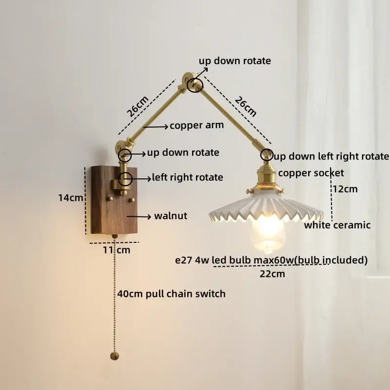 Adjustable copper-arm wall light with walnut base and white ceramic shade for decorbites led wall bedroom lighting