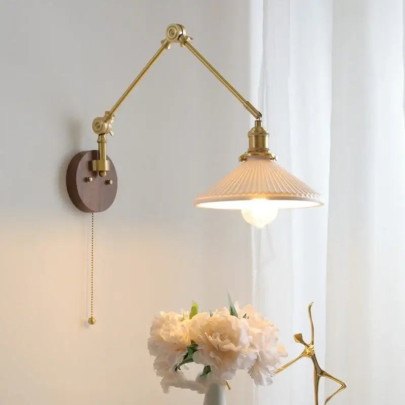 Brass adjustable wall light with ribbed cream glass shade and walnut wooden backplate decorbites led wall light