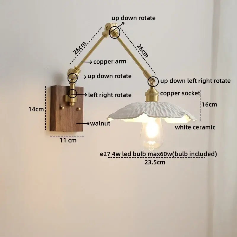 Adjustable copper-arm wall light with white ceramic shade and walnut mounting plate decorbites led wall light for bedroom