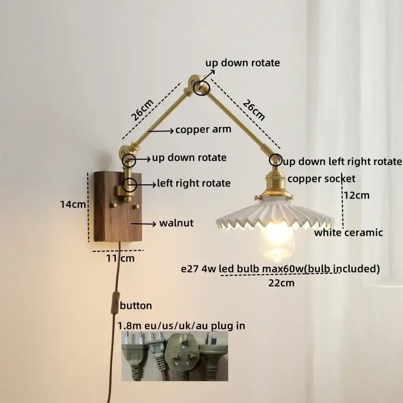 Adjustable copper-arm wall light with walnut base and white ceramic shade for modern decorbites led wall lighting