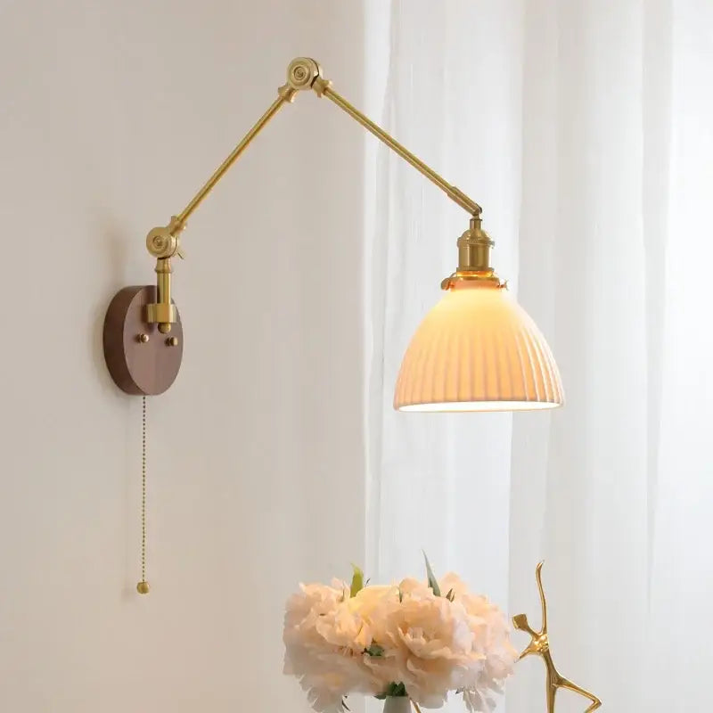 Modern walnut and brass led wall light with ribbed off-white glass shade and adjustable arm for bedroom decorbites led wall use
