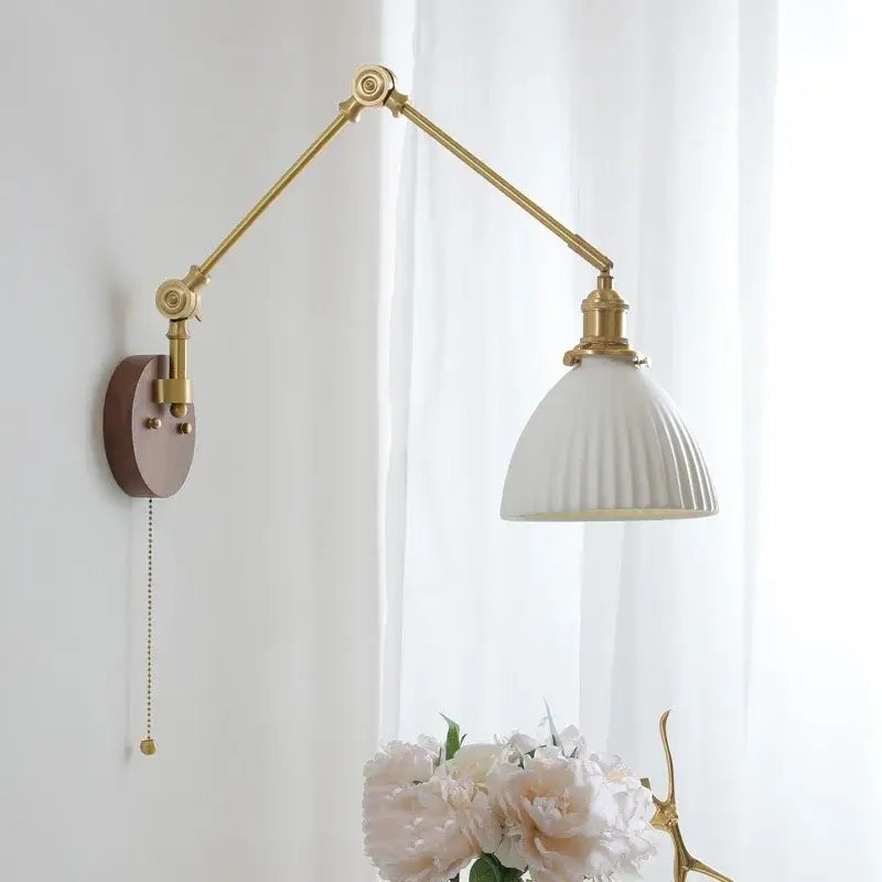 Modern walnut and brass led wall light with vintage brass sconce and white ribbed ceramic shade for bedroom decorbites led wall use