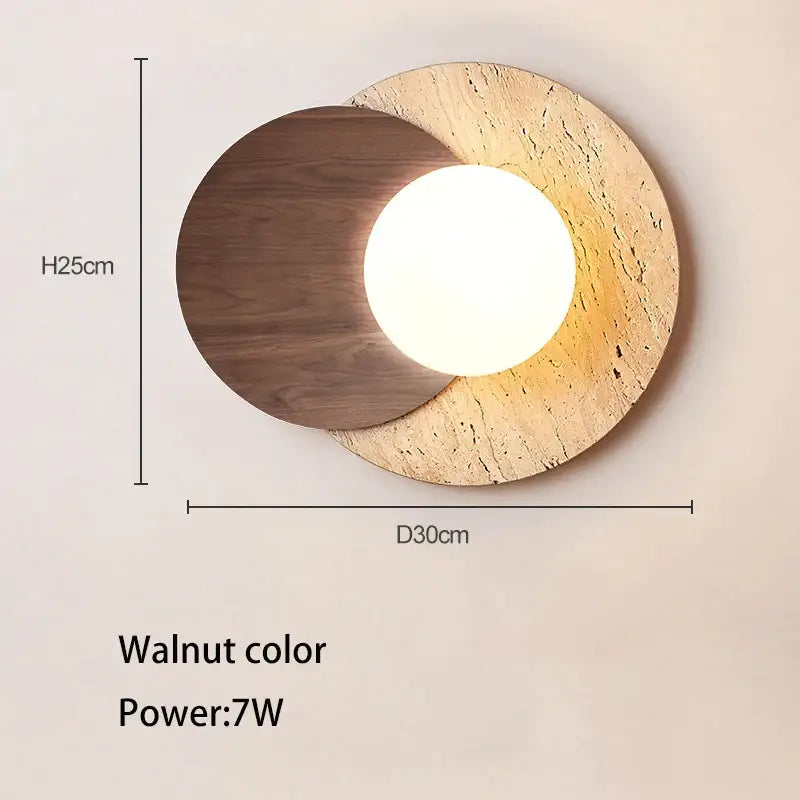 Modern walnut and cork led wall lamp with circular wood and textured cork discs featuring central white light