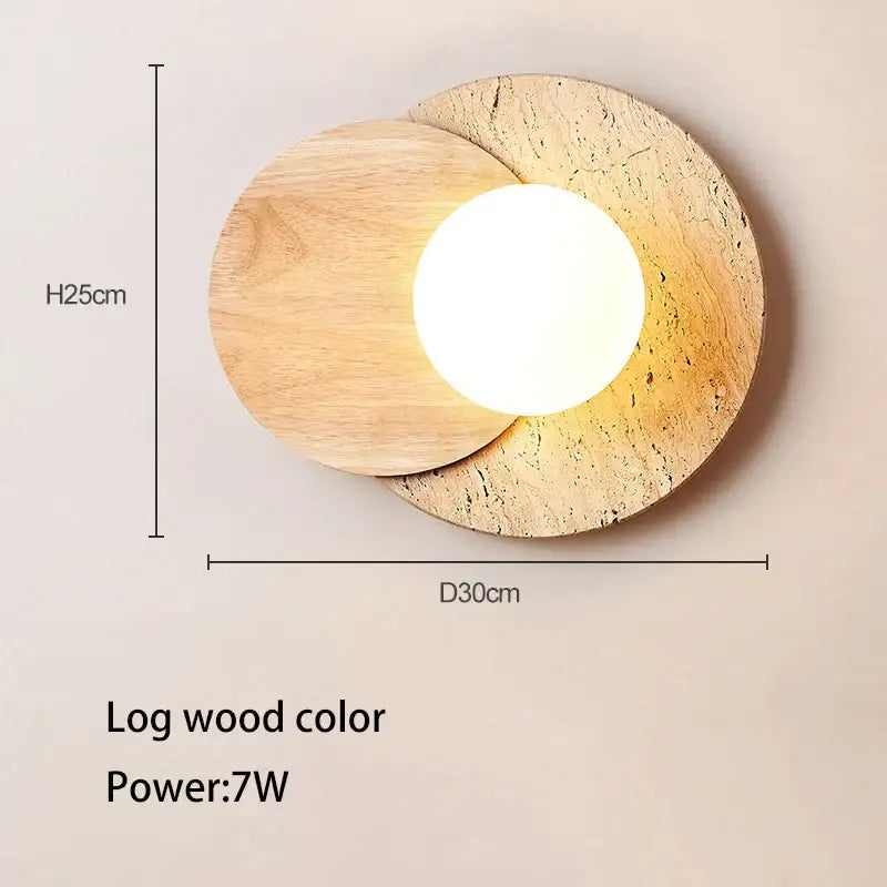 Modern walnut and cork led wall lamp with two overlapping circular wooden discs framing a glowing bulb in white