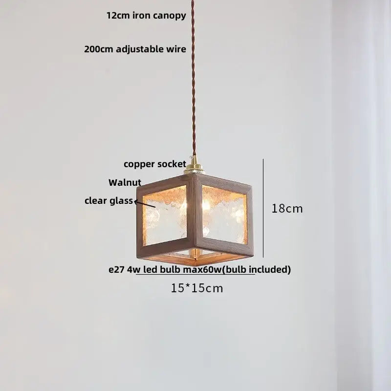 Modern walnut wood pendant light with clear glass panels and adjustable copper socket for dining room lighting