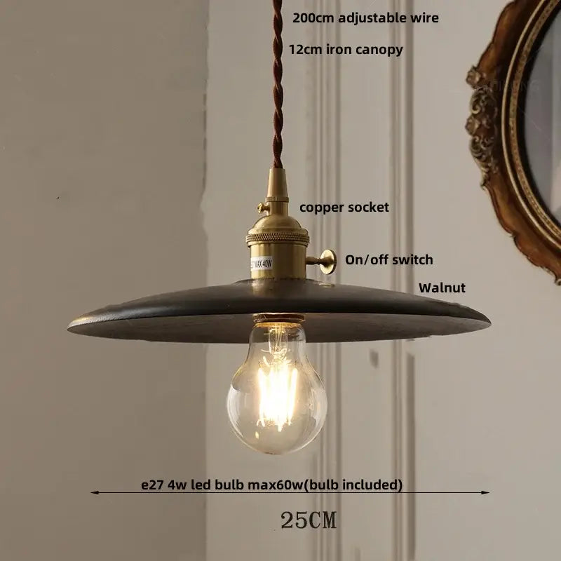 Modern walnut wood and clear glass cube pendant light with dark walnut canopy and brass copper socket for dining room
