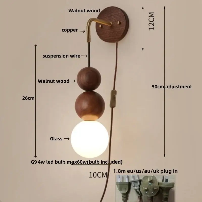 Modern walnut wood and white glass wall light with copper accent featuring walnut wood spheres for living room decorbites adjustable led