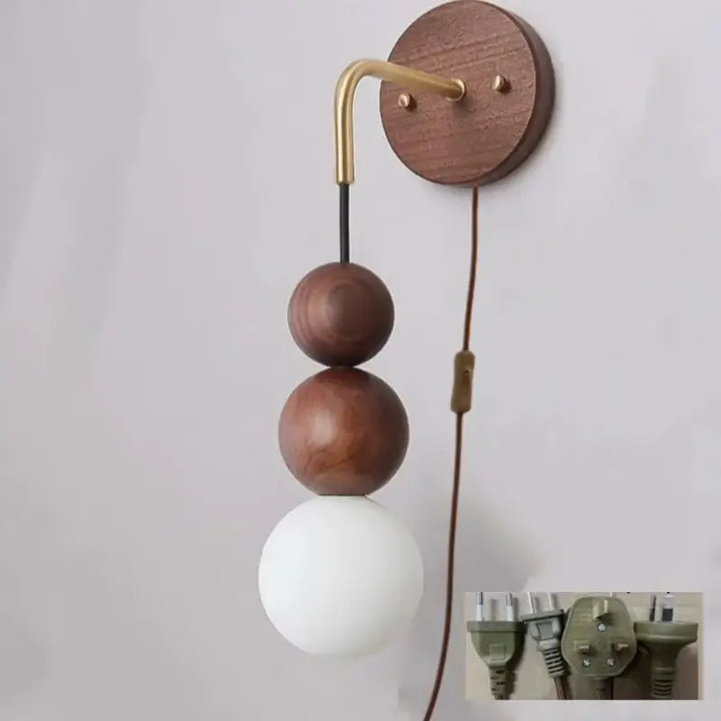 Modern walnut wood and white glass wall light with circular base and brass arm for living room decorbites adjustable led ambiance