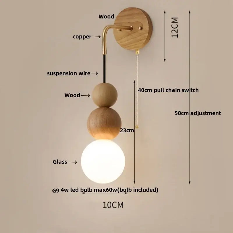 Modern walnut wood and white glass wall light with natural wood base and copper arm for living room decorbites adjustable led wall