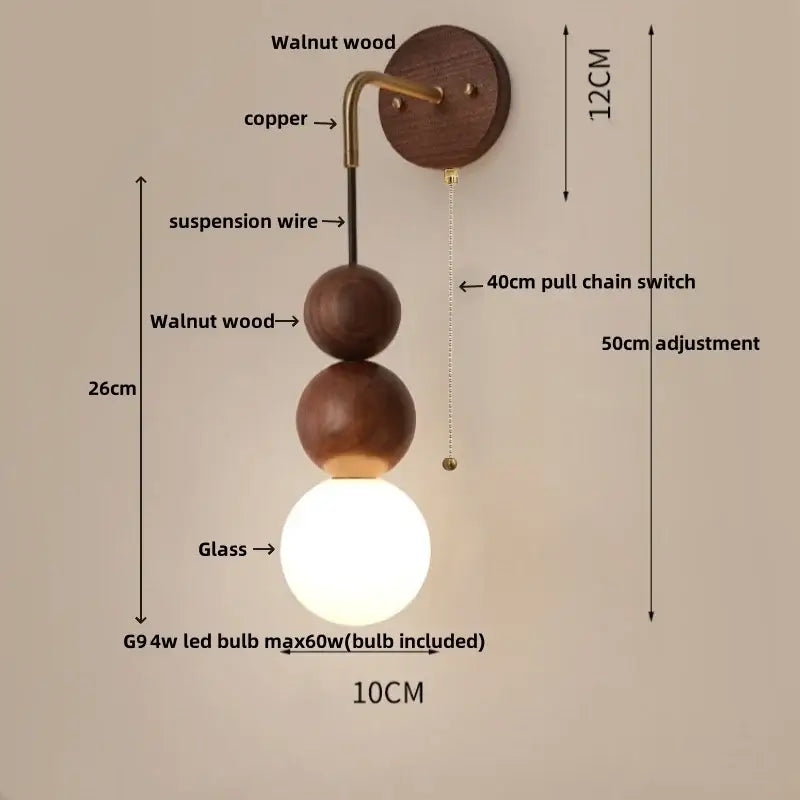 Modern walnut wood and copper wall light with spherical white glass bulb designed as decorbites adjustable led living room sconce