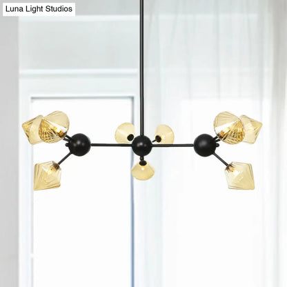 Modern Warehouse Style Chandelier Lamp with Diamond Design - 13"/27.5"/34" Width, Amber/Clear Glass, 3/9/12 Heads - Pendant Lighting for Living Room
