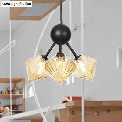 Modern Warehouse Style Chandelier Lamp with Diamond Design - 13"/27.5"/34" Width, Amber/Clear Glass, 3/9/12 Heads - Pendant Lighting for Living Room