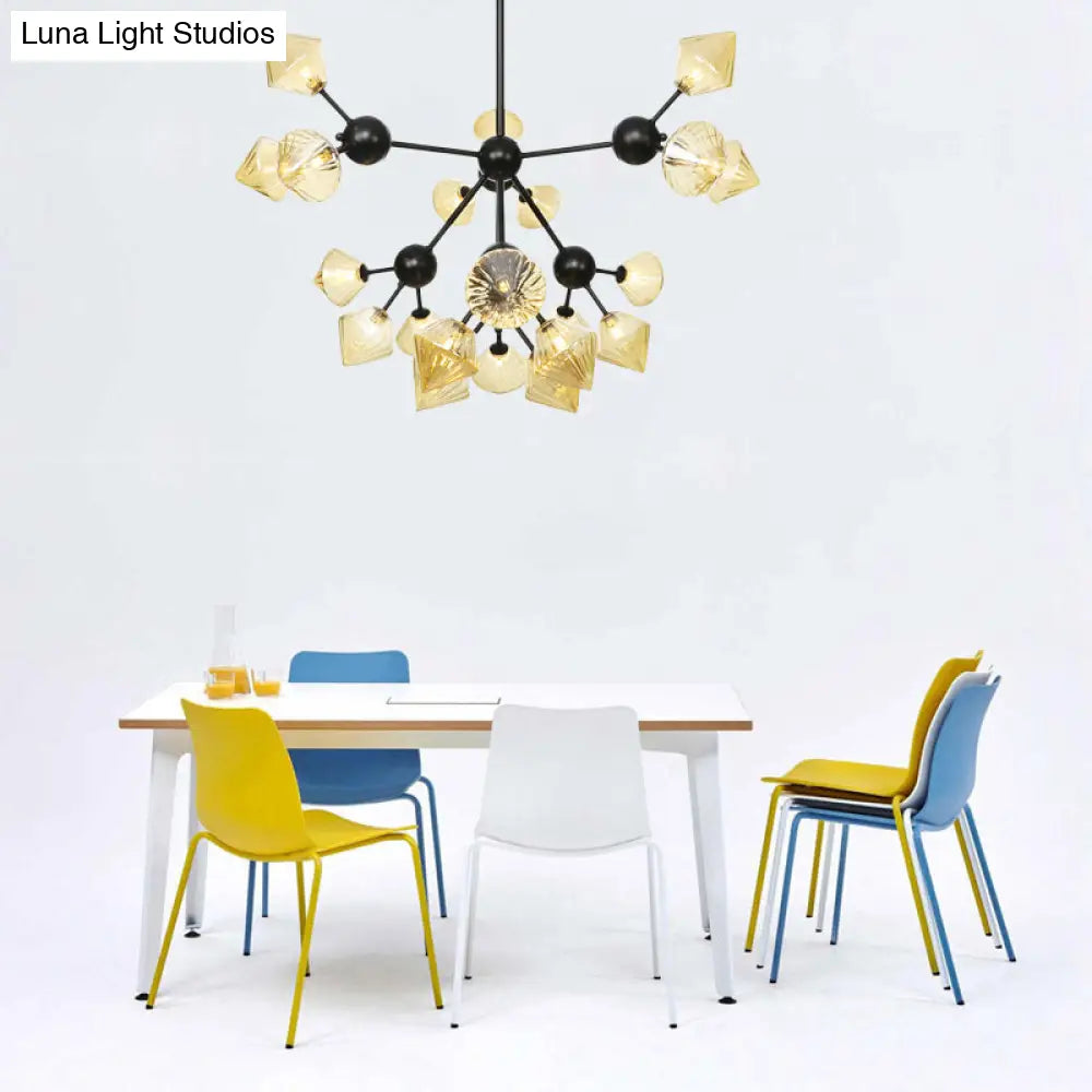 Modern Warehouse Style Chandelier Lamp with Diamond Design - 13"/27.5"/34" Width, Amber/Clear Glass, 3/9/12 Heads - Pendant Lighting for Living Room