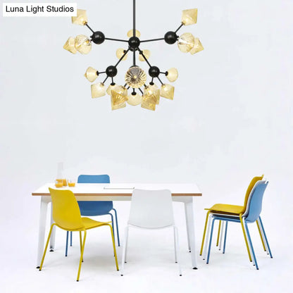 Modern Warehouse Style Chandelier Lamp with Diamond Design - 13"/27.5"/34" Width, Amber/Clear Glass, 3/9/12 Heads - Pendant Lighting for Living Room
