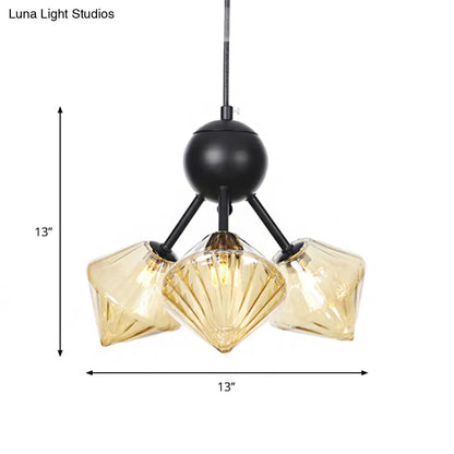 Modern Warehouse Style Chandelier Lamp with Diamond Design - 13"/27.5"/34" Width, Amber/Clear Glass, 3/9/12 Heads - Pendant Lighting for Living Room