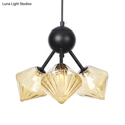 Modern Warehouse Style Chandelier Lamp with Diamond Design - 13"/27.5"/34" Width, Amber/Clear Glass, 3/9/12 Heads - Pendant Lighting for Living Room