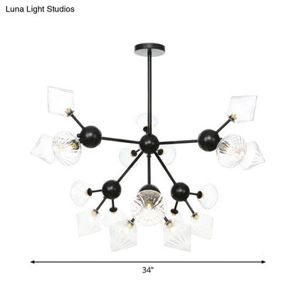 Modern Warehouse Style Chandelier Lamp with Diamond Design - 13"/27.5"/34" Width, Amber/Clear Glass, 3/9/12 Heads - Pendant Lighting for Living Room