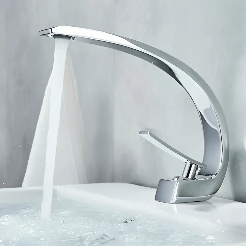 Modern waterfall black chrome basin faucet with sleek curved design and flowing water stream by decorbites black chrome