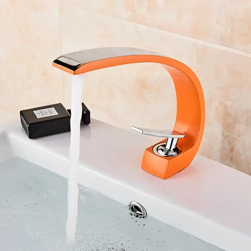 Modern waterfall black chrome basin faucet with orange and chrome curved design decorbites black chrome basin faucet
