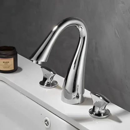 Modern waterfall black and gold basin faucet with chrome finish sleek curved spout and two matching decorbites black handles