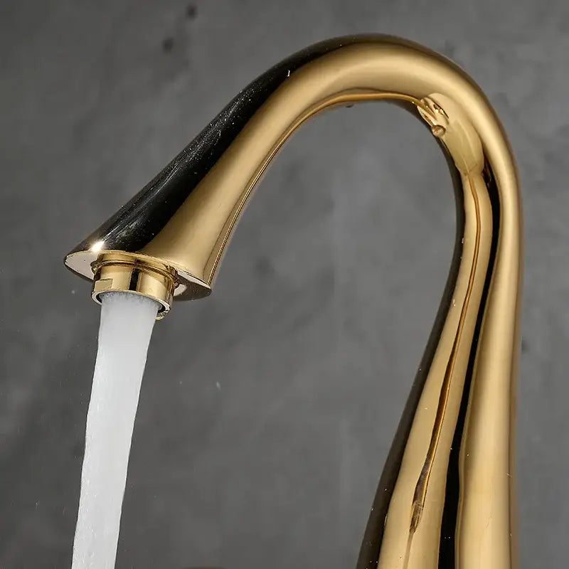 Modern waterfall black and gold basin faucet with sleek curved design for bathroom decorbites gold basin faucet