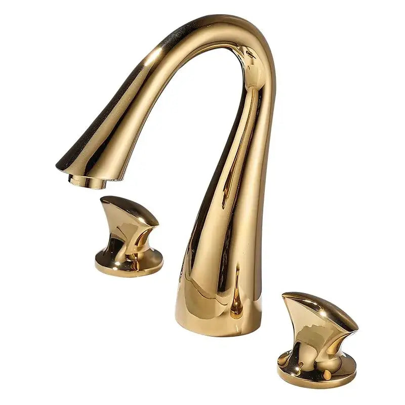 Modern waterfall black and gold basin faucet with sleek curved gold basin faucet and two matching handles by decorbites black