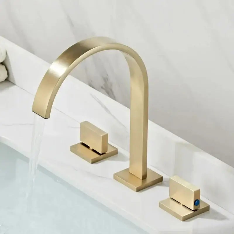 Modern waterfall dual handle gold basin faucet with sleek curved spout and square base plates decorbites dual handle gold