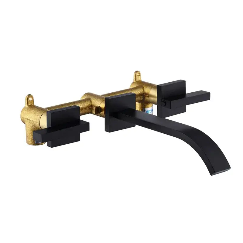 Modern wall-mounted basin faucet with sleek black finish, gold-toned brass, and minimalist decorbites dual handle gold design