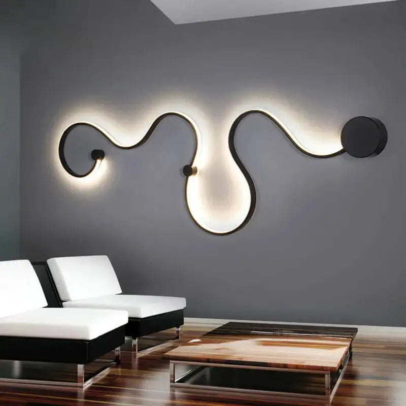Modern wave black led wall lights with sleek curved design and warm ambient lighting for living room decor