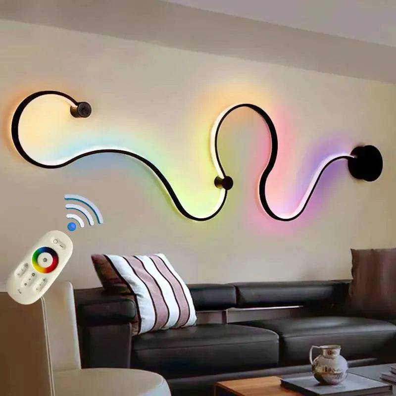 A sleek black-framed modern wave led wall light with vibrant rainbow rgb illumination for living room decor