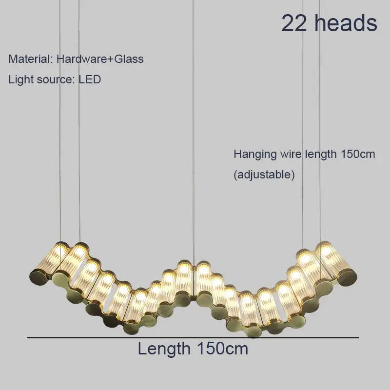 A modern 150cm decorbites golden chandelier with 22 curved glass and brass heads in a wavy design for living rooms