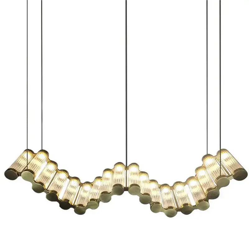 A modern curved pendant light with warm ribbed glass tubes in black cords for living room decorbites golden chandelier