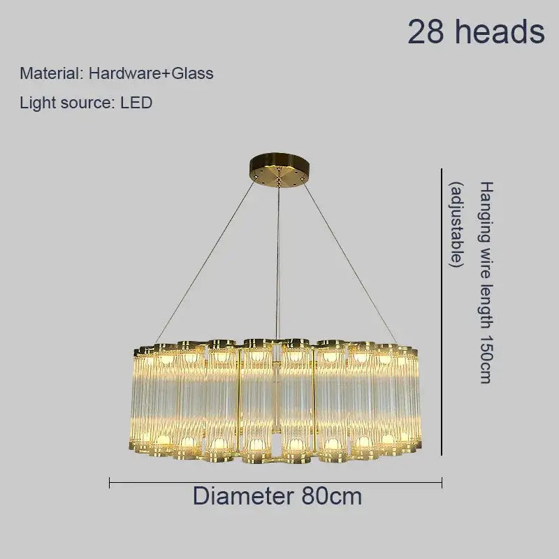 Modern wave decorbites golden chandelier with 28 clear glass cylinder arms and led lighting for living room use