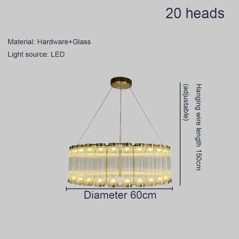 Modern wave decorbites golden chandelier with 20 clear glass crystal rods led light and adjustable hanging wire for living room