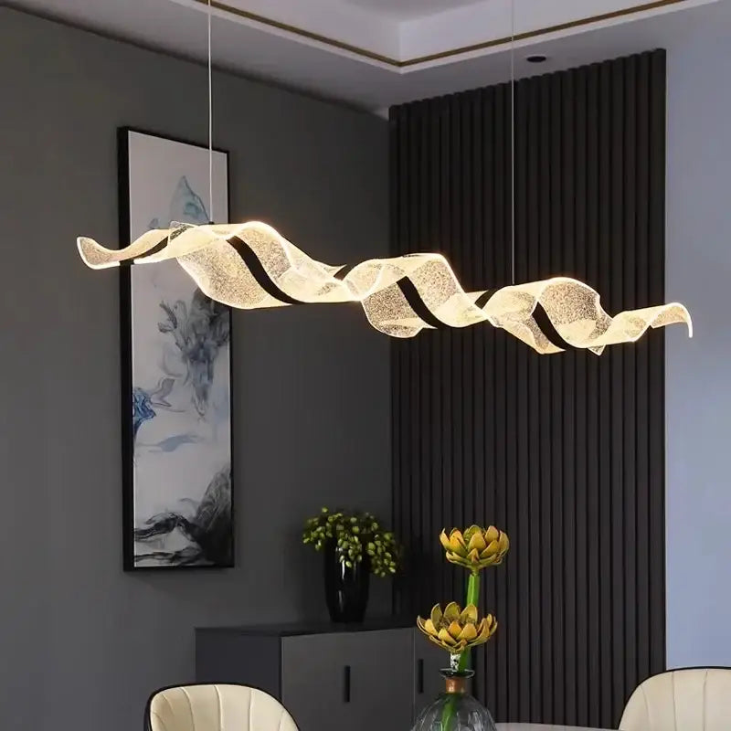 Modern wave glass elegant led pendant chandelier with translucent textured glass and black accents for dining room use pendant chandeliers