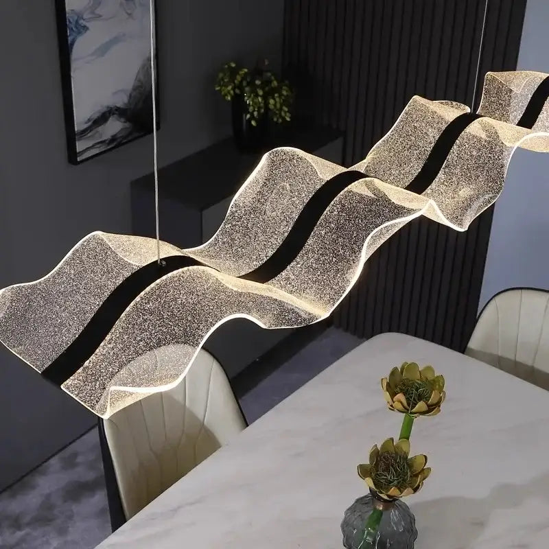 Modern wave glass elegant led pendant chandelier featuring glittering silver and black design for dining room use