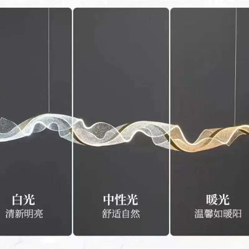 Modern wave gold acrylic led pendant light features a translucent fabric-like shade shifting from white to warm gold