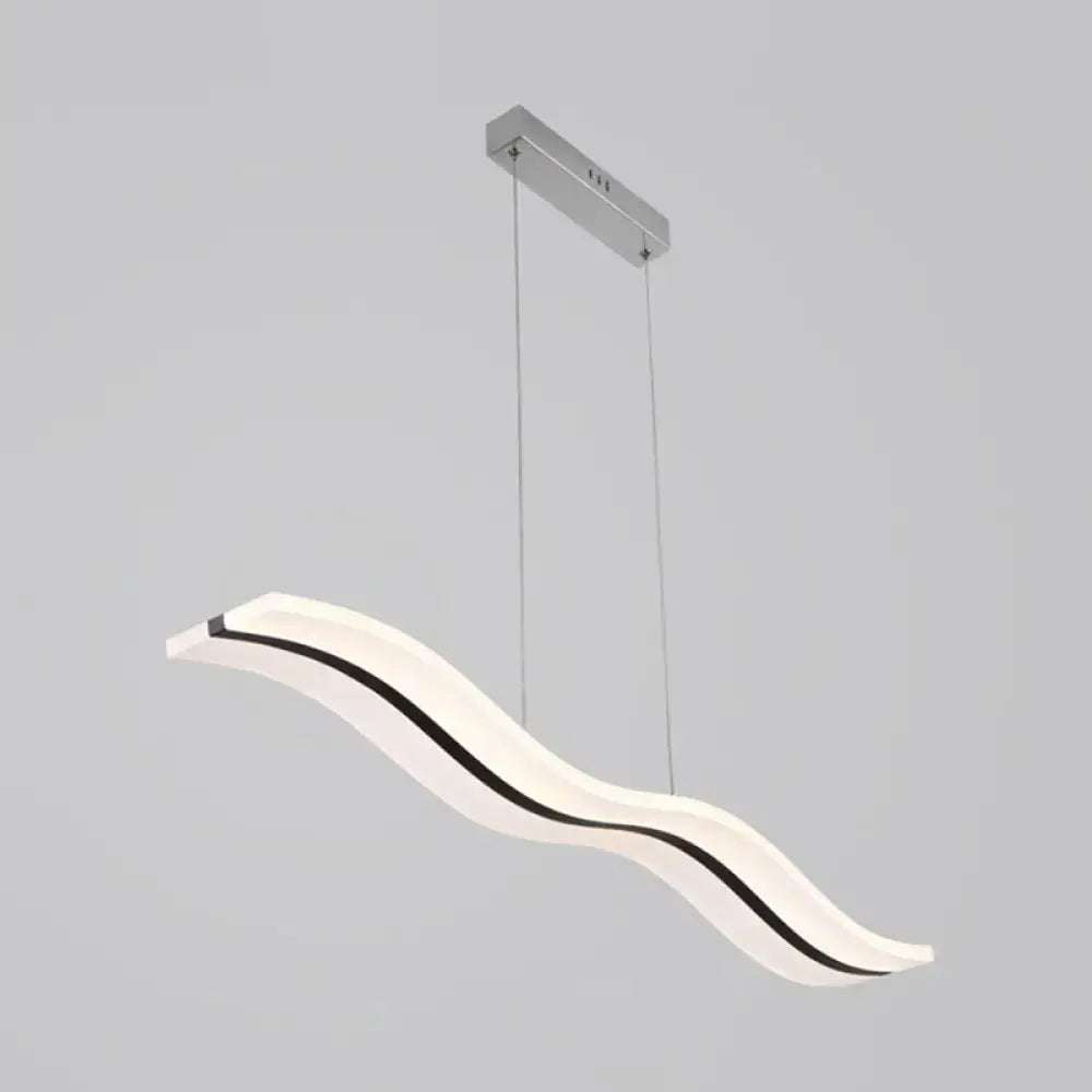 Modern white led pendant light fixture with sleek wavy design and black accent strip in acrylic material for island lighting