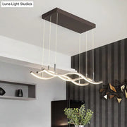 Modern rectangular metallic wavy linear island pendant led light in coffee with warm white illumination suspended by cables