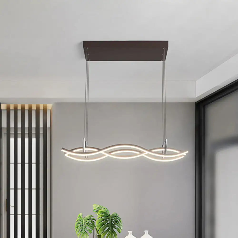 Modern rectangular metallic wavy linear island pendant light in coffee with dark brown mount and warm white led illumination