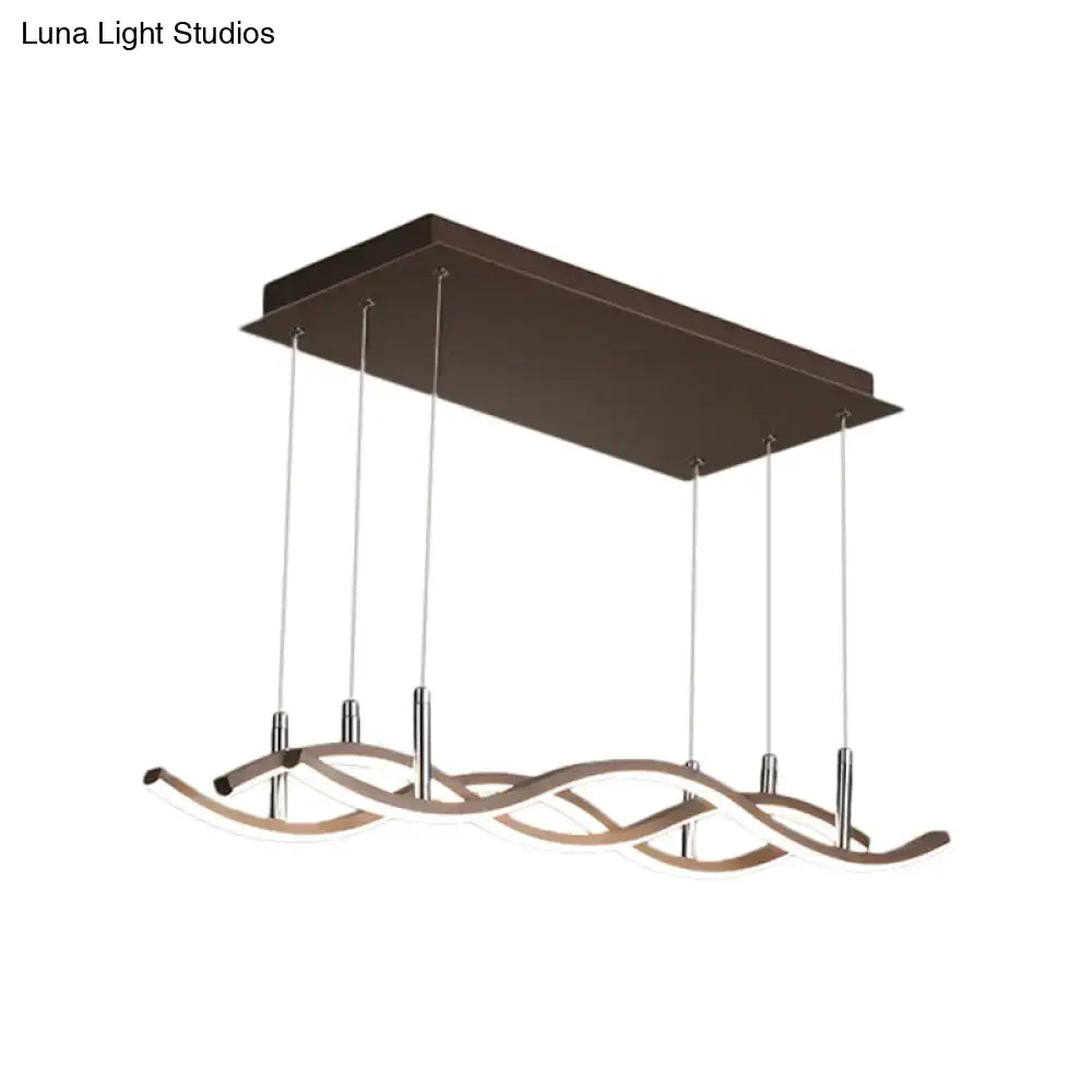 Modern decorbites™ wavy linear island pendant led light in coffee with metallic wavy linear wooden arms and warm white illumination