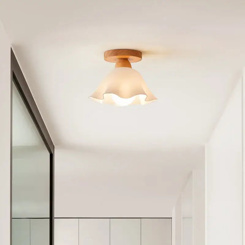 Modern wavy frosted glass ceiling lamp with warm tones wooden base and ruffled edge decorbites led wood acrylic design