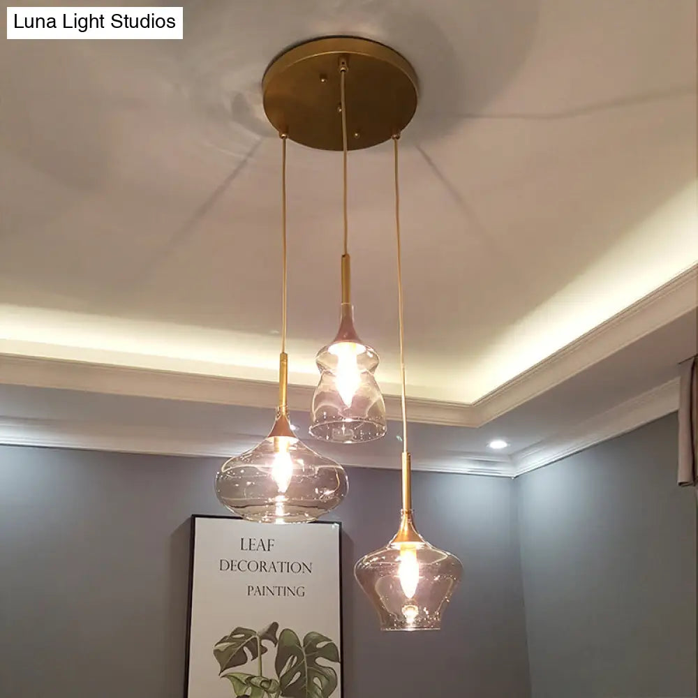 Modern Wavy Glass Ceiling Light with 3 Bulbs and Gold Pendant