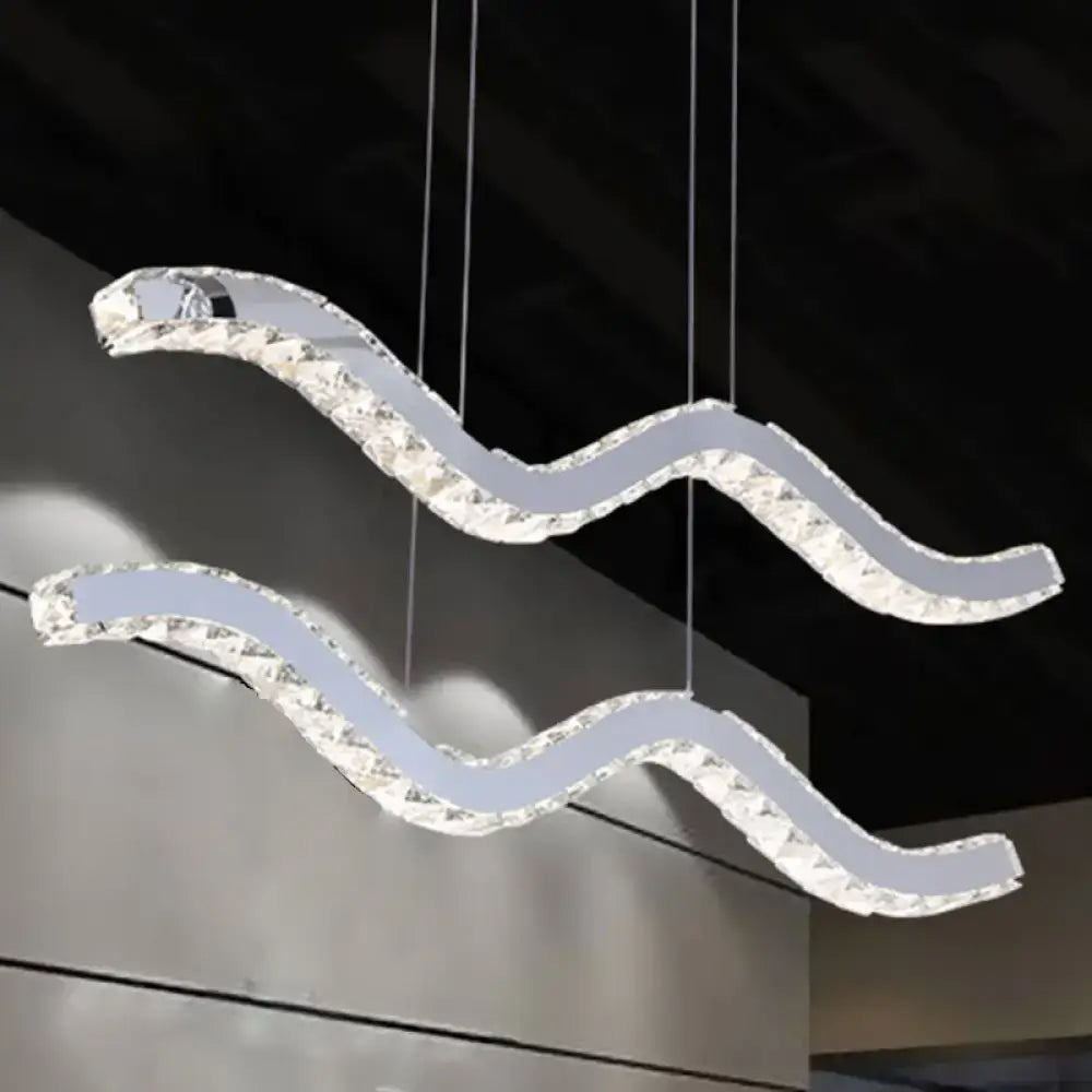 Modern crystal-encrusted wave-shaped hanging light fixture with stainless steel frame for minimalistic office use