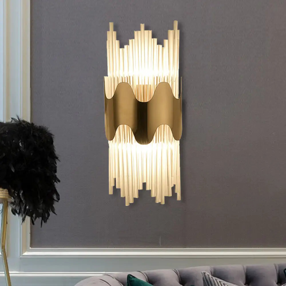 DecorBites™ DecorBites™ Modern Wavy Wall Sconce with Clear Crystal and 2 Lights in Brass Finish for Bedroom Lighting