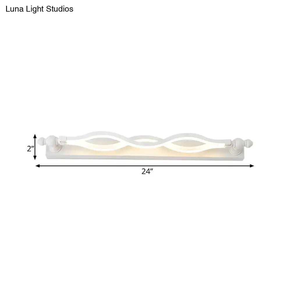 White 24-inch modern wavy twist acrylic vanity sconce with sculpted design and decorative finials for bedroom wall light