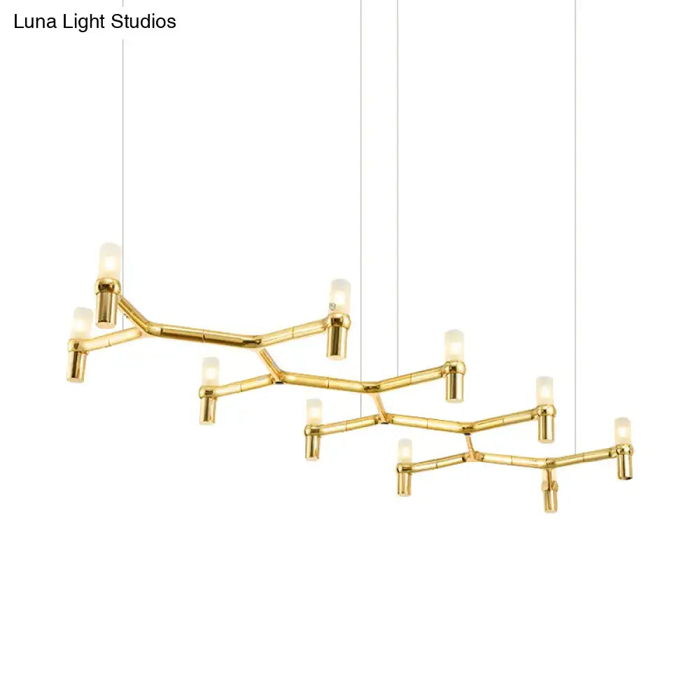 Gold-toned bamboo-inspired ceiling pendant with aluminum alloy shade and frosted glass bulbs for island lighting